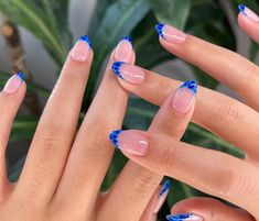 Acrylic Nail Designs Minimalist, Blue Design Almond Nails, Neon Tips Nails, Vibrant Summer Nails Almond, Europe Summer Nails Short, Sick Nail Designs, Senior Pic Nails, Summer Nails Baby Blue, Clean Summer Nails