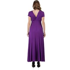 A formal look has never been so comfortable. With its regal full-length skirt this womens maxi dress makes for an elegant formal or casual look. Featuring a v-neck line and v cut on the back, cap sleeves, flared a line skirt, defined empire waist, and is made from a soft and comfortable stretch material in four beautiful year round colors and it is machine washable for easy care. The perfect dress to keep in your closet for any special occasions or just an eye-catching date night look. Made in t Solid Color A-line V-neck Evening Dress, Purple Maxi Dress For Prom, Fitted Maxi-length V-neck Dress For Gala, Elegant Purple Floor-length Maxi Dress, Solid A-line Maxi Dress For Evening, Fitted V-neck Evening Dress In Solid Color, Elegant Purple Maxi Evening Dress, Purple Formal Maxi Length Evening Dress, Formal Purple Maxi Length Evening Dress