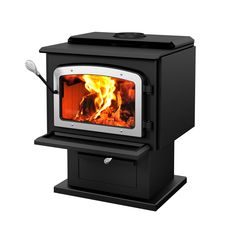 a black stove with an open flame on it's front and back sides,