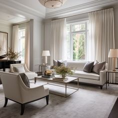 a living room with couches, chairs and a piano in front of a window