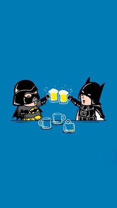 two batmans are sitting at a table with beers in their hands and one is holding a mug