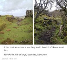 an image of two different views of the same area with grass and rocks on each side