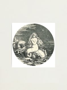 a drawing of a mermaid sitting on the back of a sheep with her arms crossed