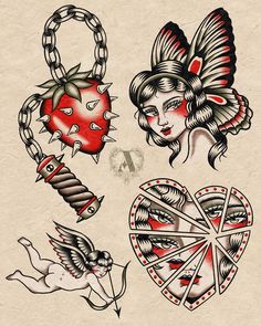 an old school tattoo design with hearts, wings and angel tattoos on parchment paper background