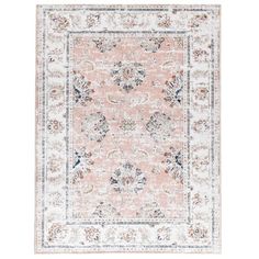 a pink rug with an ornate design on the top and bottom, in front of a white background