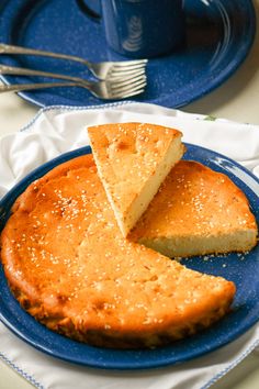 a piece of cheese pound cake on a blue plate