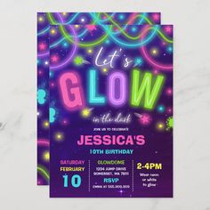 glow birthday party flyer with neon lights and stars on the night sky, it's glowing