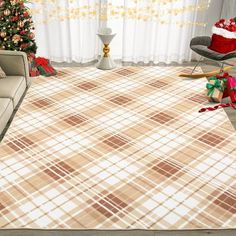 a living room decorated for christmas with plaid rugs and presents in front of the window