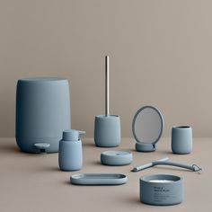 an assortment of blue objects on a table