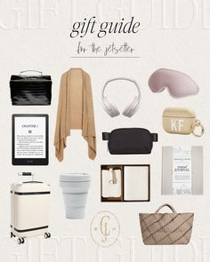 the gift guide for the jetsetter is shown in white and black with accessories