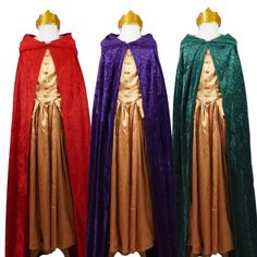 * Our beautiful Three Wise Men costume sets are the ideal touch to your Nativity. Perfect for costumes, parties, special events, dress up and school plays. * Each costume includes a handmade cape make of soft crushed velvet panne. The cape has a full size hood and is secured with a hook and eye closure. The glitter crown is made of premium foam and attached to a satin headband (dress not included).  * This collection is available in Purple, Hunter Green, Red or choose a Set of all 3. * Available in baby, toddler, kids, teen, adult and plus sizes to fit the whole family.  * Handmade to order in the USA CAPE SIZES ~ Baby: (18" "length) - Ages 6-24 months ~ Toddler: (24" length) - Ages 2-3 years ~ Small: (30" length) - Ages 3-5 years ~ Medium: (36" length) - Ages 5-7 years ~ Large: (42" lengt 3 Wise Men Costume, Three Wise Men Costume, Wise Men Costume, Wise Man Costume, Live Nativity, Nativity Ideas, Headband Dress, Three Magi, Christmas Religious