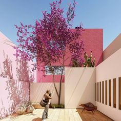 a woman taking a photo of a tree in front of a pink building with white walls