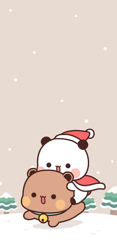 a cartoon bear with a santa hat on is holding onto a stuffed animal in the snow