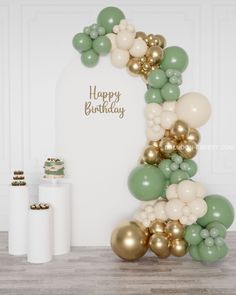 Sage Green, Ivory, and Gold Balloon Garland, 12 ft from Balloon Expert Sage Green Gold And White Balloon Decor, Balloon Decorations Green And Gold, Sage And Gold Party, Sage Green And White Party Decor, Sage Decorations Party, Sage Green Balloon Decorations, Green Themed Birthday Party Decorations, Bridal Shower Ideas Green, Green Balloons Decoration