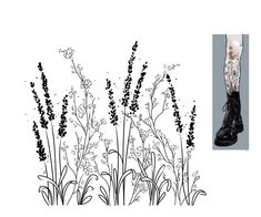 an ink drawing of tall grass with flowers on the top and bottom part of it