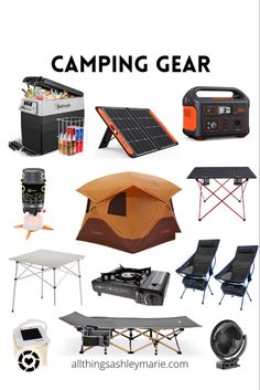 camping gear is shown with the words camping gear on it and an image of a tent,