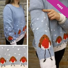 a woman wearing a blue sweater with red birds on it and the words free knitting pattern