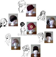 "Late-20's Deco-style hats range from cloche to turban designs. 22-piece pattern for 22\" head size with advice on how to re-size the pieces. This is a digital reproduction drafted from the original pattern pieces. All of my patterns are full size on 18-lb translucent bond paper and in stock as I print them on demand. This bond paper is sturdy enough that it doesn't tear like pattern tissue, yet it is light enough to see and cut through easily enough. Celebrating over 20 years of bringing you ac Flapper Hat Pattern, 1920s Hats, 1920s Hat, Gatsby Hat, Cape Pattern, Flapper Hat, Felt Hats, Antique Hats, Hat Patterns