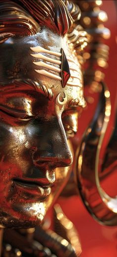 a close up of a gold statue with red eyes