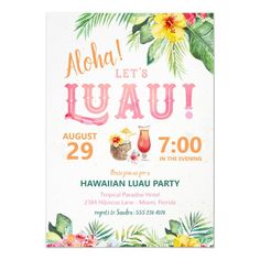 a hawaiian luau birthday party with flowers and leaves on the front, including an orange flower