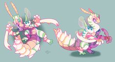 two different colored dragon like creatures on a blue background, one is pink and the other is green