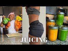 a woman standing in front of a kitchen counter next to jars filled with fruit and vegetables