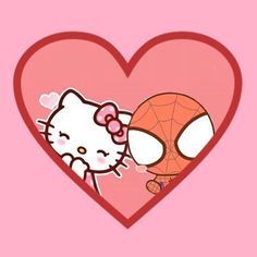 hello kitty and spider - man kissing in front of a heart shaped frame with pink background