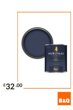 a blue paint can with the words heritage on it and an orange border around it