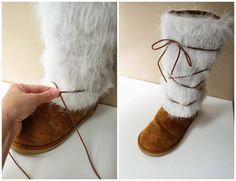 two pictures of someone's feet with furry boots on top of them and the bottom one has a cord in it