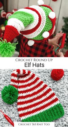 crocheted christmas hats with pom poms on top and the words, crochet round up elf hats