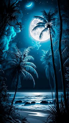 a night scene with palm trees and the moon in the sky over the ocean by the beach