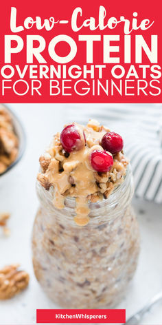 a jar filled with overnight oatmeal and topped with cherries