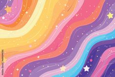 an abstract background with stars and swirls in pink, yellow, blue, orange, and purple