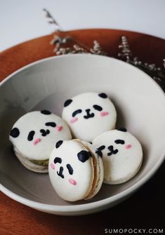 four panda face cupcakes in a white bowl