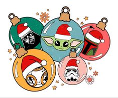 star wars christmas ornament ornaments with santa hats on them and snowflakes in the background