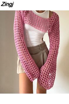 Crochet Long Sleeve Tops, Beachy Outfits, Crop Pullover, Cutout Sweater, Long Sleeve Knitted Cardigan, Cropped Pullover, Pink Crochet, Crop Top Sweatshirt, Cropped Tops