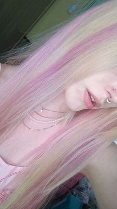 Light Pink With Blonde Hair, Blond And Light Pink Hair, Pink N Blonde Hair, Blonde Pink Streaks, Platinum Blonde Hair With Tinsel, Rainbow And Blonde Hair, White Hair Pink Highlights, Pink And Blonde Streaks, Emo With Blonde Hair