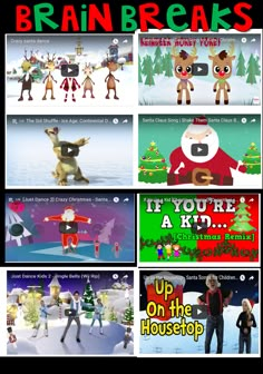 an animated christmas card with the words brain breaks on it's front and back