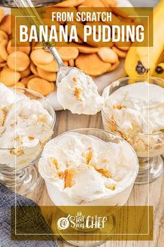 three glasses filled with banana pudding on top of a wooden table