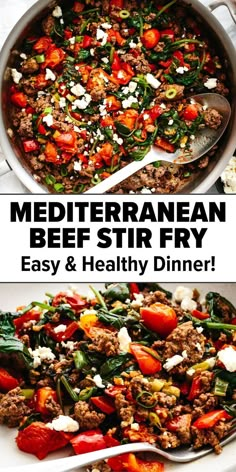 mediterranean beef stir fry with vegetables and feta cheese in a skillet on a white plate