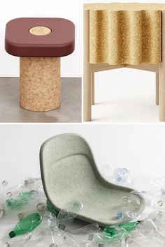 three different types of furniture made out of plastic bottles and other items that are sitting on the ground