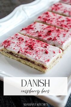 danish raspberry bars on a white plate with text overlay that says danish raspberry bars