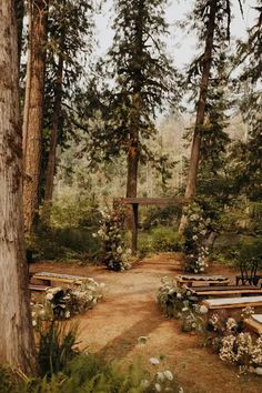 an outdoor ceremony in the woods with benches and flowers on the ground, surrounded by tall trees