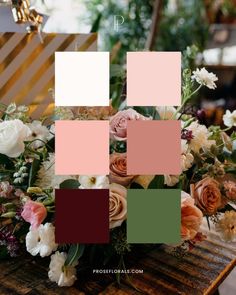 an arrangement of flowers and greenery on top of a wooden table with pink, green, white and gold squares