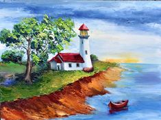 an oil painting of a lighthouse on the edge of a cliff with a boat in the water