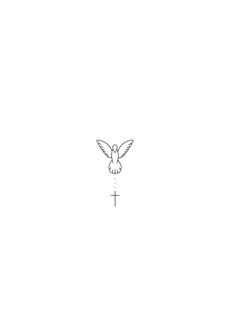 a line drawing of a bird flying over a cross