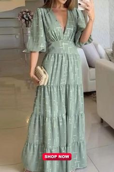 Elegant Geometric Printing V Neck A Line Dresses Dress Woman, Maxi Dress Prom, Maxi Dress With Sleeves, Casual Streetwear, Style Elegant, Office Wear, Womens Maxi Dresses, Elegant Dress, Summer Dresses For Women