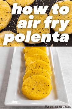 how to air fry potato patties on a white plate with text overlay that reads, how to air fry polenta