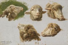 four sheep's heads are shown in this painting