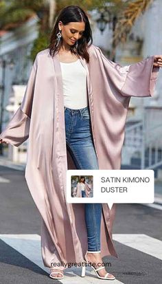 Long Satin Kimon Duster | Eiyo Kimono Long Kimono Outfit Dressy, Satin Kimono Outfit, Dress With Long Cardigan, Long Kimono Outfit, Summer Kimono Outfit, Satin Cardigan, Kimono Modern, Winter Kimono, Elegant Kimono